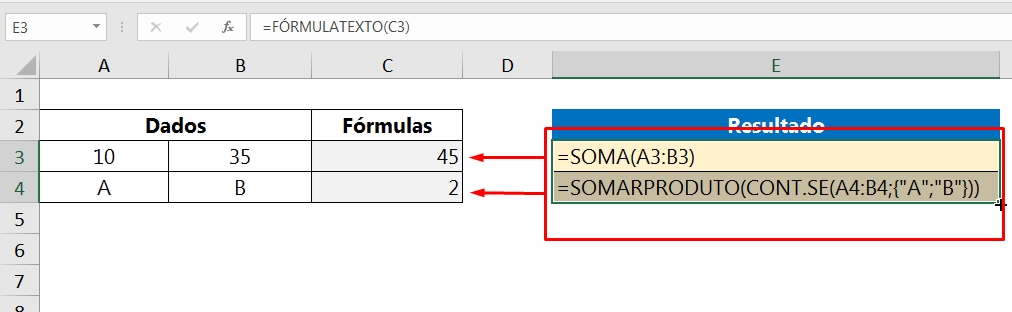 Função FÓRMULATEXTO no Excel, resultado