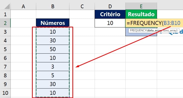Função FREQUENCY no Excel, primeira sintaxe