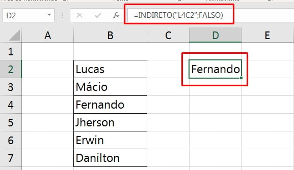 Função Indirect Excel, resultado 2