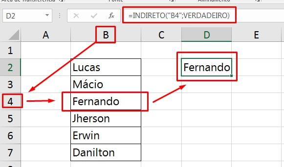Função Indirect Excel, resultado