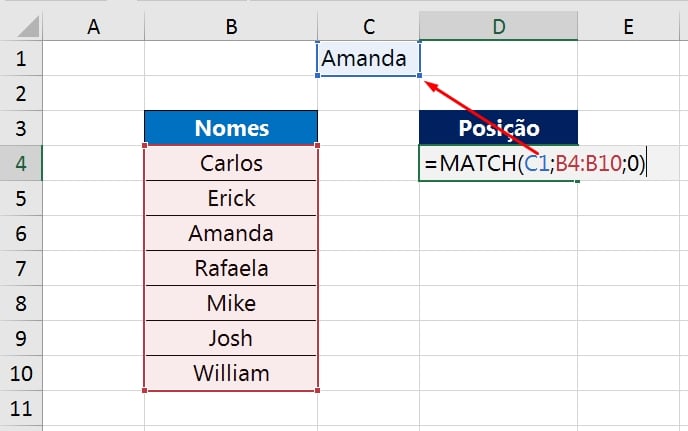 Função MATCH no Excel, indicando célula