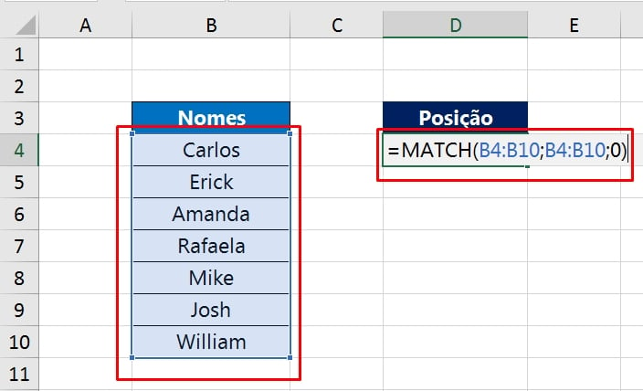Função MATCH no Excel, intervalos