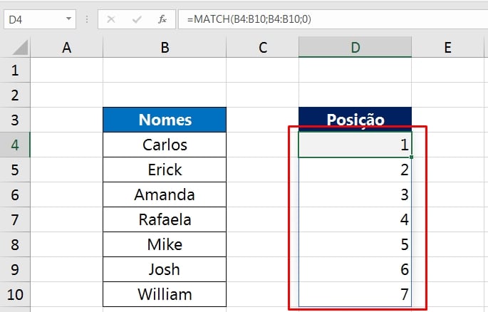 Função MATCH no Excel, resultado 2