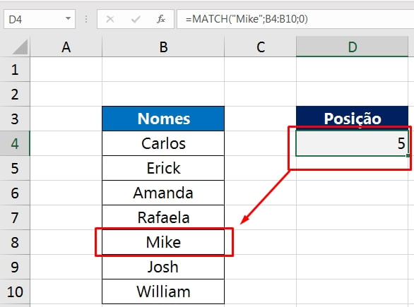 Função MATCH no Excel, resultado