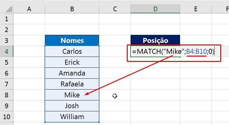 Função MATCH no Excel, sintaxes