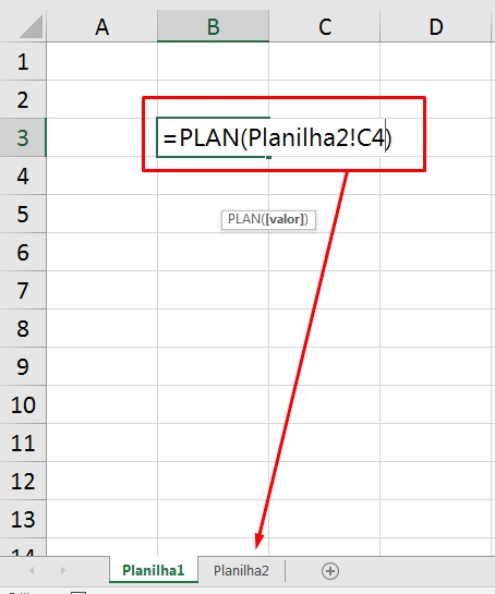 Função PLAN no Excel, indicação de célula