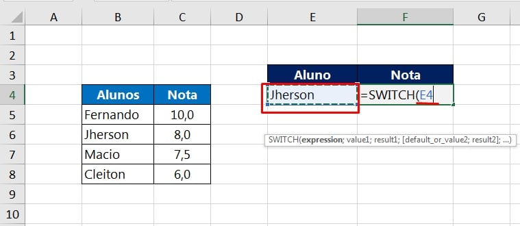 Função SWITCH no Excel, expression