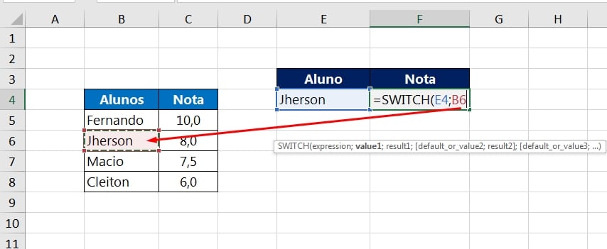 Função SWITCH no Excel, value