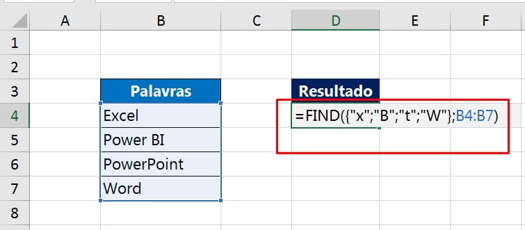 Funções FIND no Excel, inserindo função
