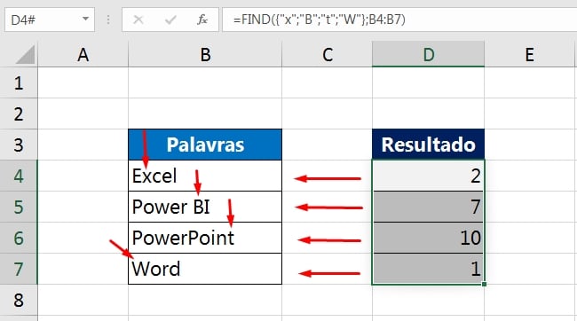 Funções FIND no Excel, resultado