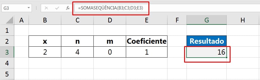 SOMASEQÜÊNCIA no Excel, resultado