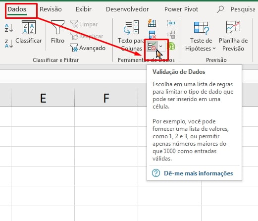 Símbolos no Excel, validação de dados
