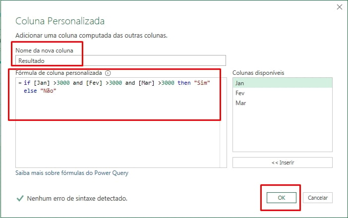 Função IF e AND no Power Query, fórmula