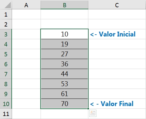 Preenchimento em Série no Excel, resultado linear