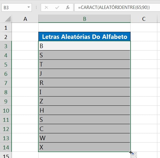 Letras Aleatórias no Excel, resultado