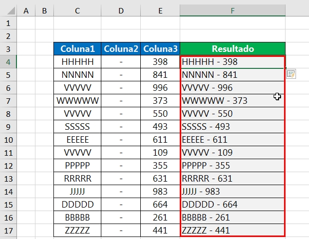 Preenchimento Relâmpago do Excel, resultado