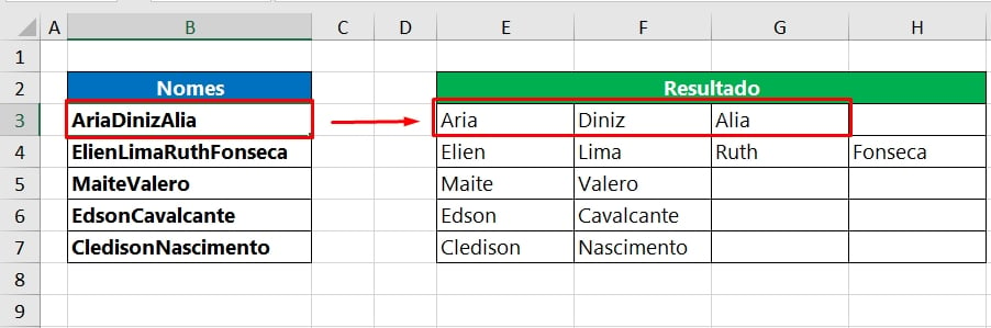 Separar Nomes no Excel, exemplo