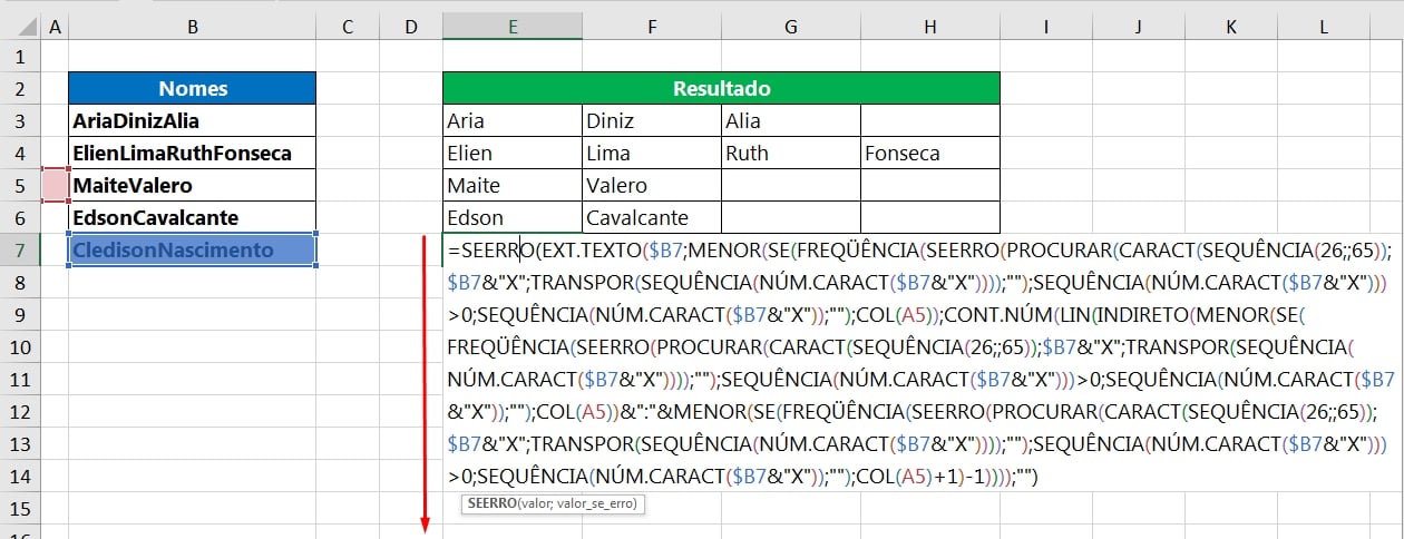 Separar Nomes no Excel, fórmula