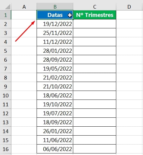 Trimestres no Excel, seleção