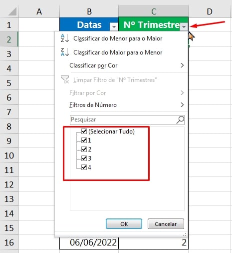 Trimestres no Excel, usando o filtro