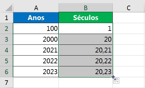Calcular Séculos no Excel, resultado da divisão
