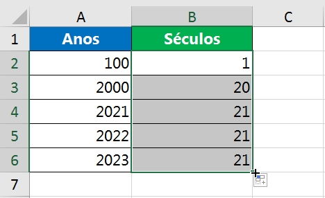 Calcular Séculos no Excel, resultado