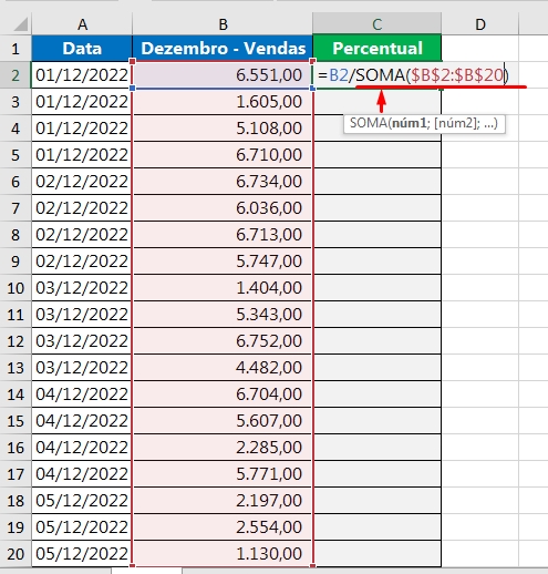 Calcular o Percentual no Excel, função soma
