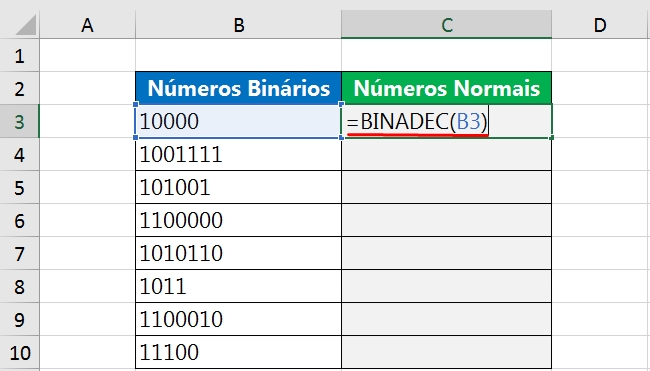 Função BINDEC no Excel, indicação de célula