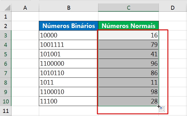 Função BINDEC no Excel, resultado