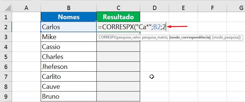 Função CORRESPX Com Caracteres curingas, modo de correspondência