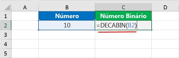 Função DECABIN no Excel, indicando célula