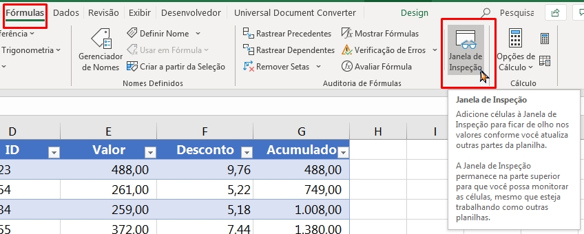 Janela de Inspeção no Excel, fórmulas