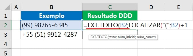 função ext.texto no Excel : Como Separar DDD de Telefones Excel