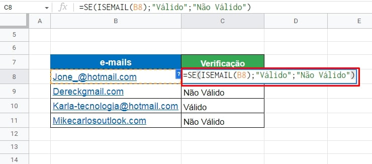 Como Validar e-mails, fórmula planilhas google
