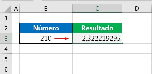 Função LOG10 no Excel, resultado