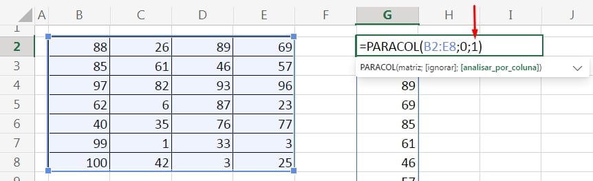 Função PARACOL no Excel 365, inserção 1