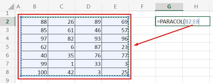 Função PARACOL no Excel 365, intervalo