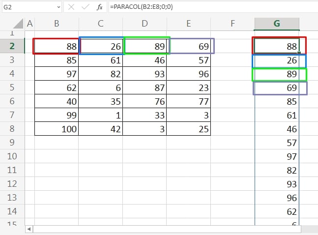 Função PARACOL no Excel 365, organização por colunas