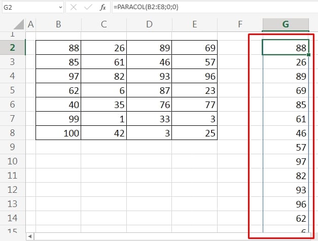 Função PARACOL no Excel 365, resultado em colunas