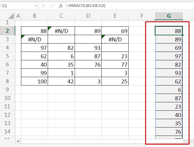 Função PARACOL no Excel 365, resultado