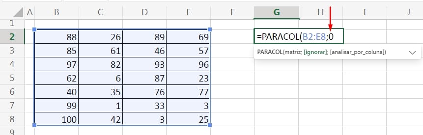 Função PARACOL no Excel 365, zero