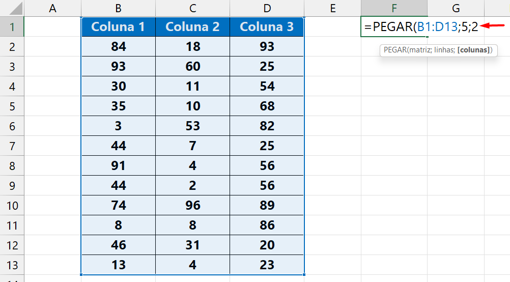Função PEGAR no Excel 365, colunas