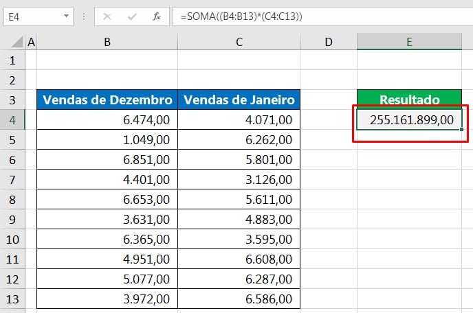 Multiplicação e Soma no Excel, resultado da soma