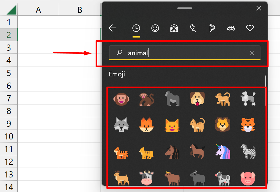 Emojis no Excel 365, animais
