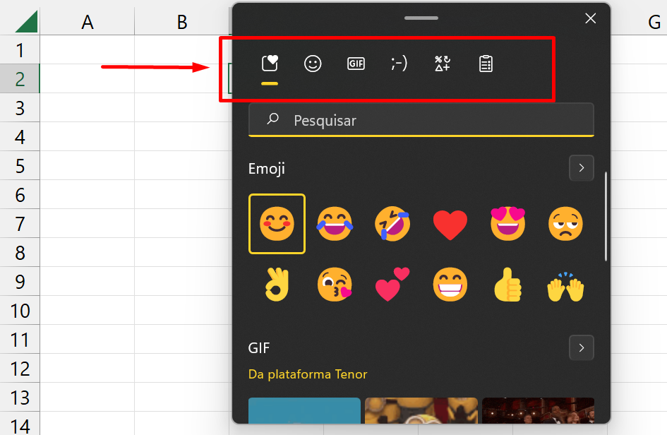 Emojis no Excel 365, categorias