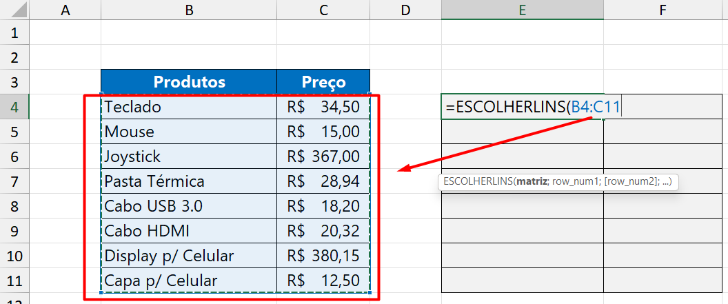 Função ESCOLHERLINS no Excel 365, matriz