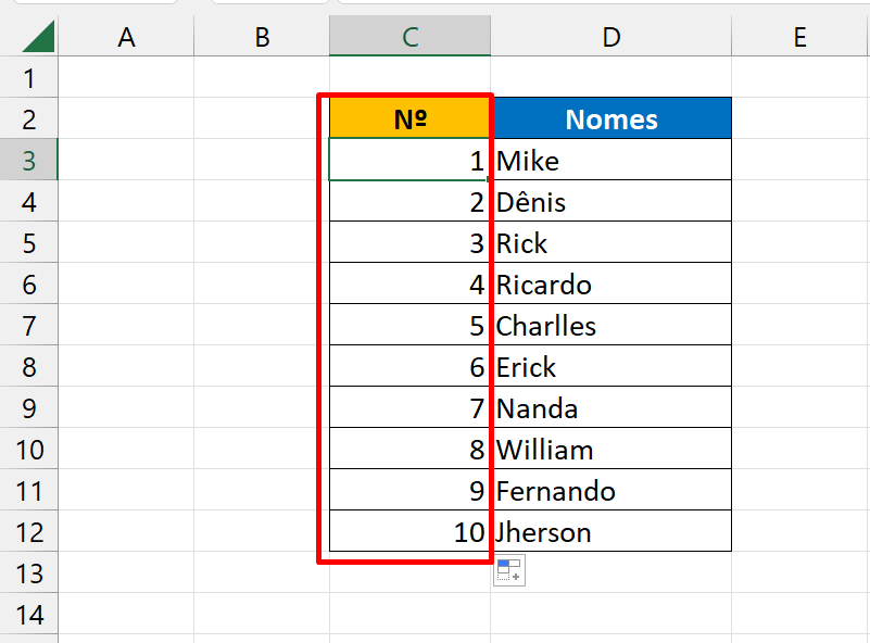 Função LINS do Excel, exemplo