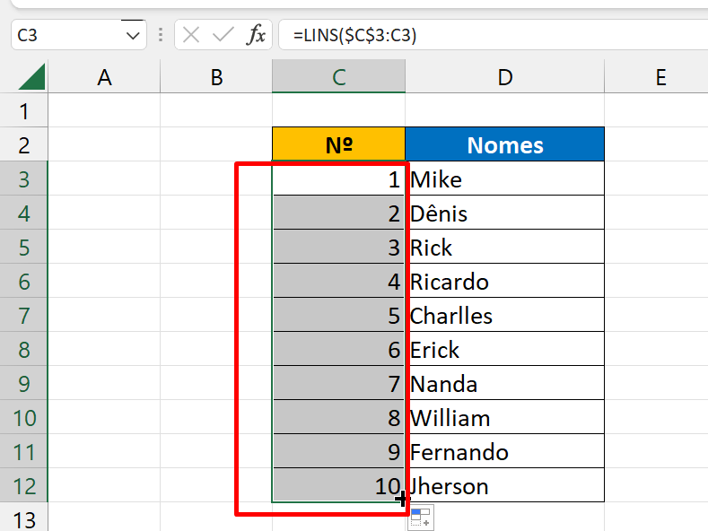 Função LINS do Excel, resultado