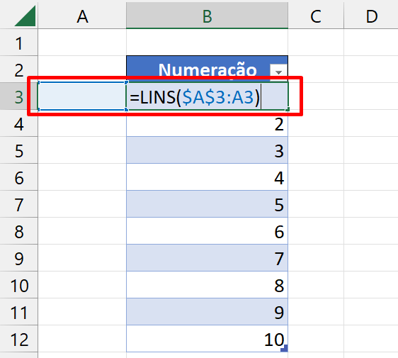 Função LINS do Excel, tabela formatada