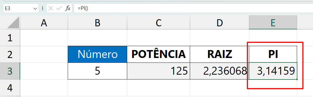 Funções Matemáticas no Excel, resultado do PI